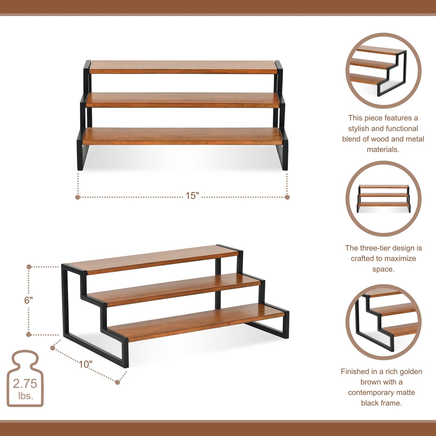 Brio Wood and Metal Tiered Table Shelf