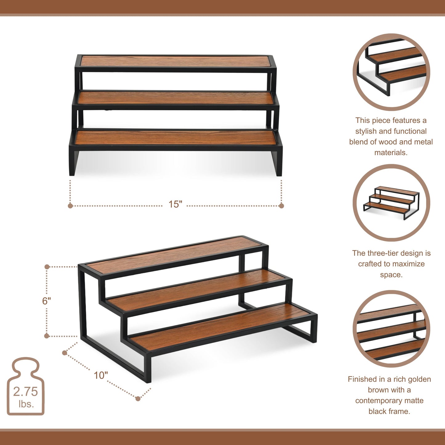 Brio Wood and Metal Tiered Table Shelf